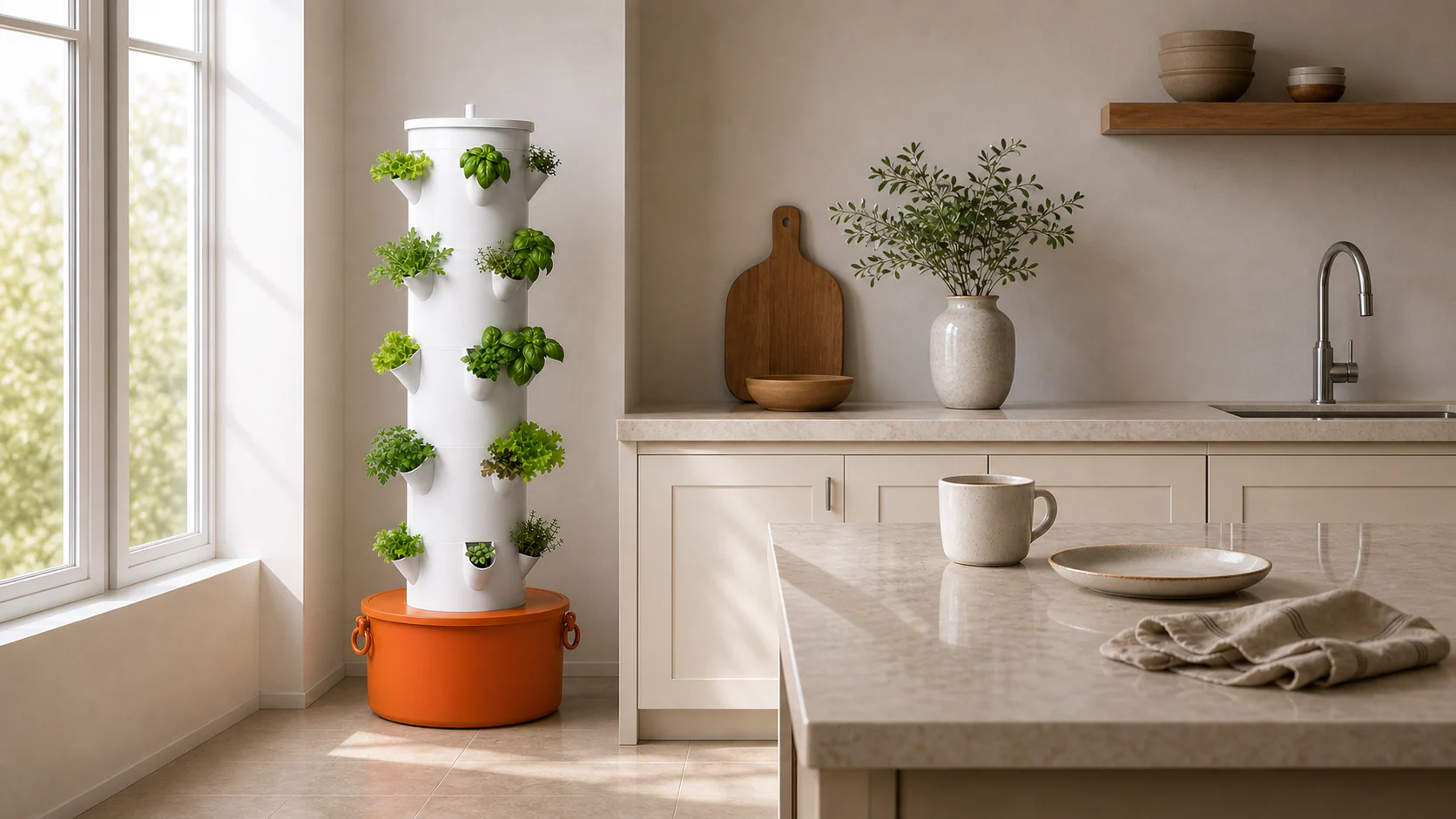 HydroGarden dikey tarım sistemi modern bir mutfak yaşam alanında