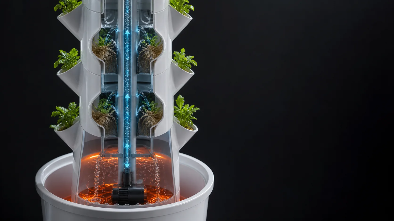 HydroGarden kulesindeki kapalı devre su sirkülasyonunu gösteren temsili kesit